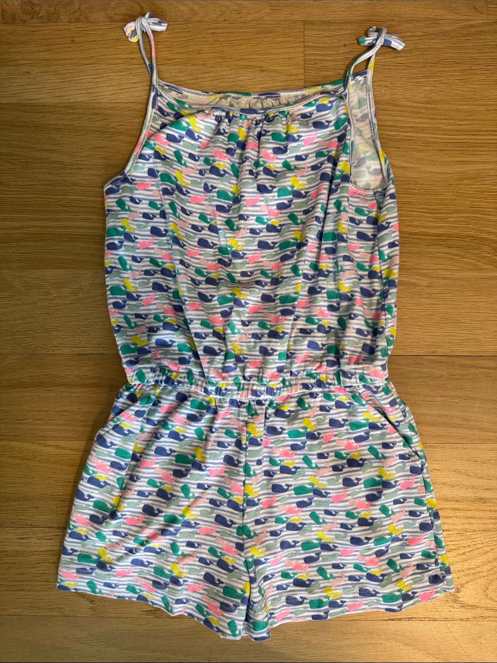 Vineyard Vines Girls White Romper with Blue, Pink, Yellow & Green Whale Print